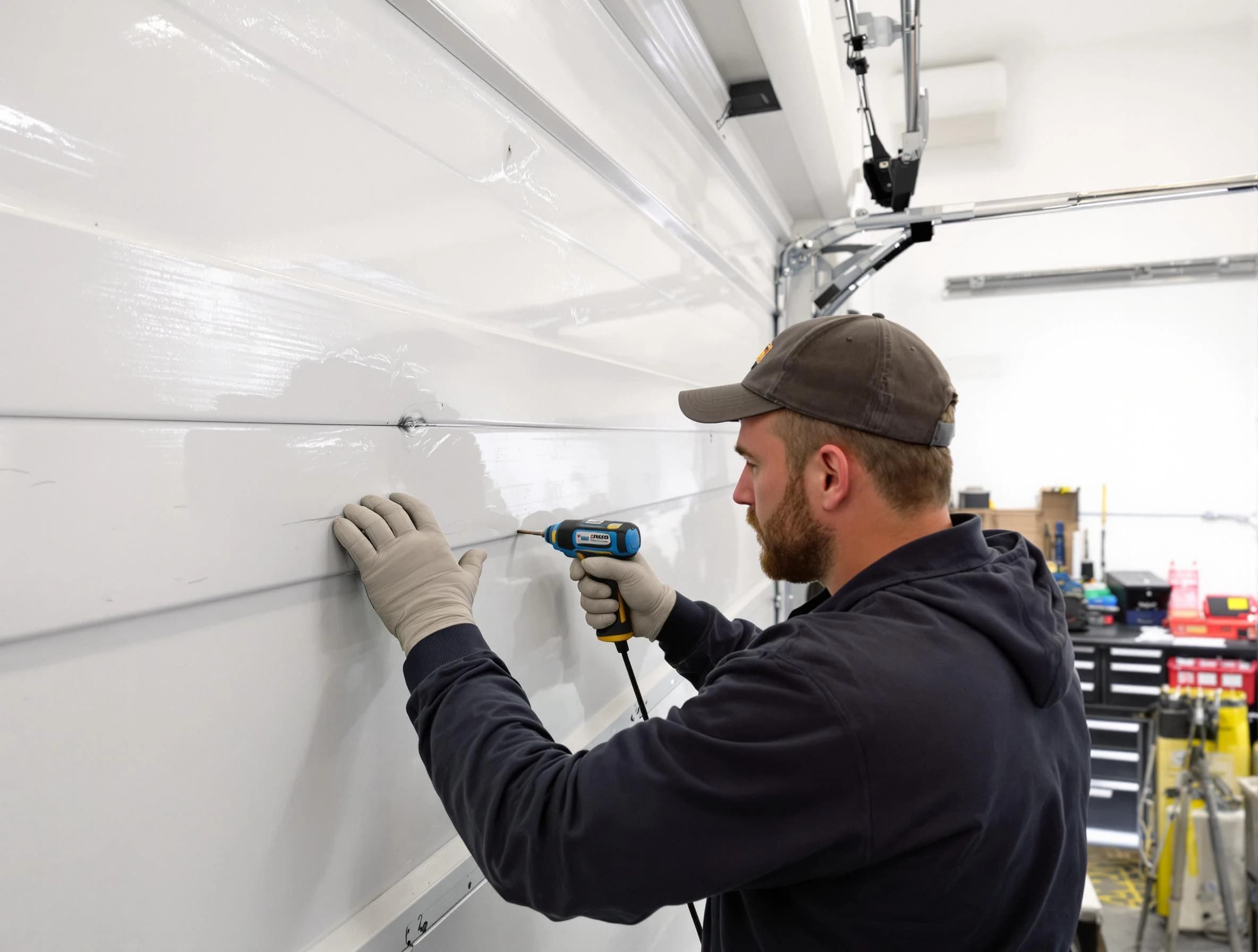 Fountain Hills Garage Door Repair technician demonstrating precision dent removal techniques on a Fountain Hills garage door